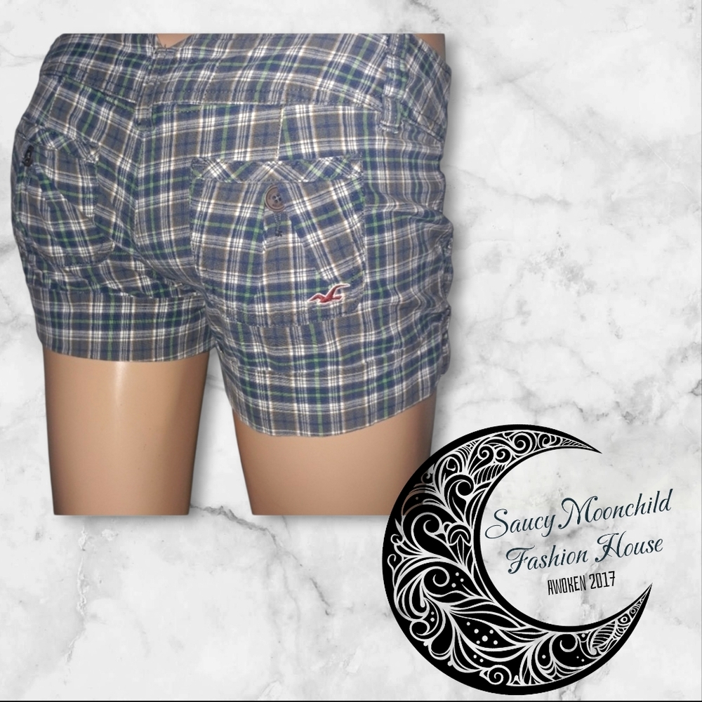 Hollister • Rare Y2k 00s Plaid Cotton Summer Shorts Size 0 Blue Green Vintage